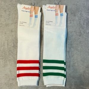 2 Pairs Knee High Socks White w/ Green Stripes and White w/ Red Stripe SZ 4-6